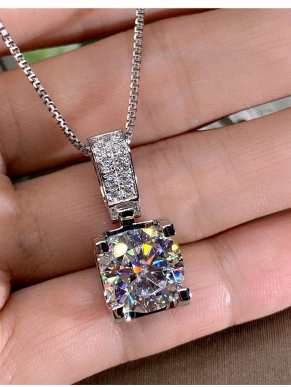 Silver Tone Necklace 1cm Round CZ Diamond Pendant Sparkly Statement 18"